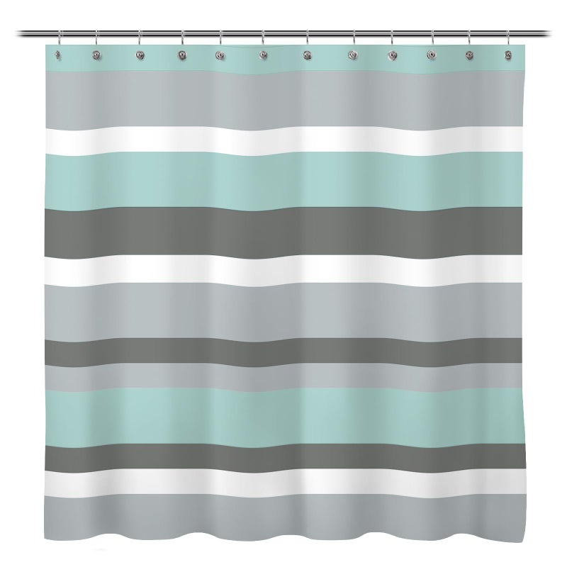 Sunlit Aqua Blue Gray Horizontal Stripes Water-Repellent Fabric Shower Curtain with Reinforced Metal Grommets Refreshing Striped Design Bathroom Decor - Image 1